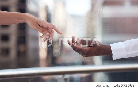 People and hands with reaching in networking, connection and relationship with diversity or collaboration. Gesture, woman and man in sharing, contact and communication for creation or partnership People and hands with reaching in networking, connection and relationship with diversity or collaboration. Gesture, woman and man in sharing, contact and communication for creation or partnership 142672668
