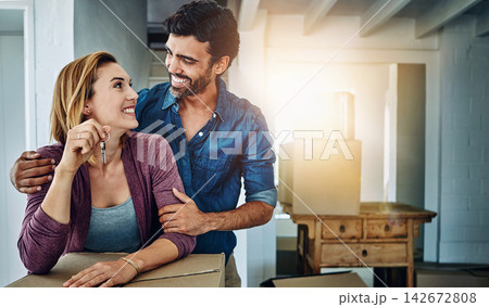 Couple, moving and house with key or parcel, property and investment with people and support or mortgage. Opportunity, new home and residential buyer, ownership together and achievement relocation Couple, moving and house with key or parcel, property and investment with people and support or mortgage. Opportunity, new home and residential buyer, ownership together and achievement relocation 142672808