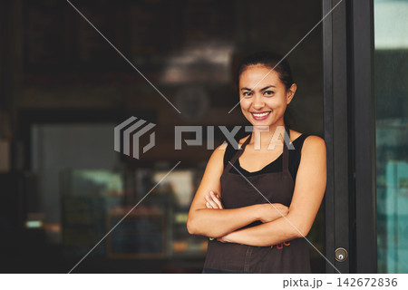 Coffee shop, waitress or portrait of happy woman with arms crossed in startup or restaurant with smile. About us, entrepreneur or proud business owner ready for service, sale or excellence in cafe 142672836