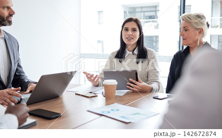 Talking, tablet or business people in meeting for solution, conversation or discussion in boardroom. Laptop, teamwork and consultants planning strategy, feedback report or group project in office Talking, tablet or business people in meeting for solution, conversation or discussion in boardroom. Laptop, teamwork and consultants planning strategy, feedback report or group project in office 142672874