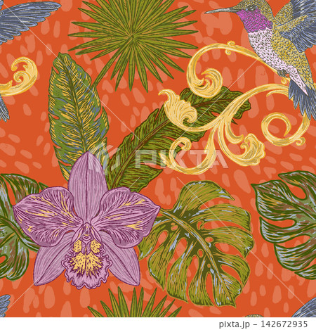 seamless pattern with tropical plants and flowers seamless pattern with tropical plants and flowers 142672935