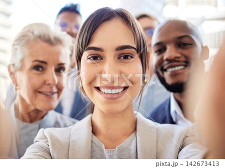 Business woman, portrait and selfie for winning, good job or team success together at office. Group, happy manager and workers with happiness and smile for solidarity or union in professional work 142673413