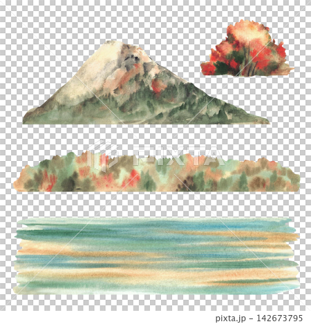 Watercolor Autumn landscape elements set. Mountain, mixed forest, fall trees, bush and water, lake shore. Hand painted green, red, orange, golden and blue illustration. Isolated on white background Watercolor Autumn landscape elements set. Mountain, mixed forest, fall trees, bush and water, lake shore. Hand painted green, red, orange, golden and blue illustration. Isolated on white background 142673795