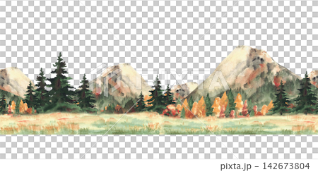 Mountain fall forest watercolor landscape seamless border with autumn coloured trees. Green coniferous and golden red colorful foliage of deciduous woods. Hand drawn pattern. isolated illustration. Mountain fall forest watercolor landscape seamless border with autumn coloured trees. Green coniferous and golden red colorful foliage of deciduous woods. Hand drawn pattern. isolated illustration. 142673804