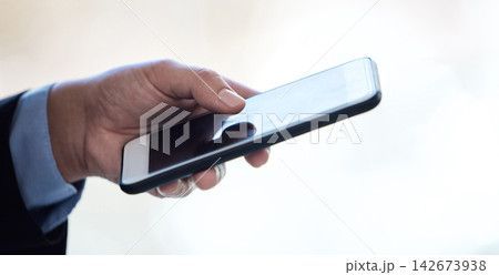 Phone, hand closeup and business person scroll for email, networking or broker online. Smartphone screen, typing and professional on website for research, blog or news social media on app in office Phone, hand closeup and business person scroll for email, networking or broker online. Smartphone screen, typing and professional on website for research, blog or news social media on app in office 142673938