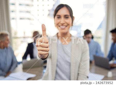 Business woman, portrait and thumbs up for winning, good job or team success together at office. Group, happy employee or workers with approval emoji with smile for yes sign or like in agreement 142673952