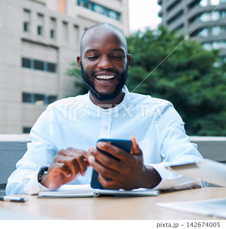 African, businessman and smartphone with smile for communication, texting and digital as entrepreneur. Male person, excited and connected on technology for social media, company or startup on app 142674005