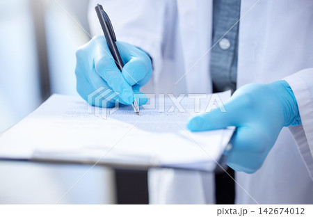 Pen, clipboard and hands of doctor in closeup with writing for compliance, documents and insurance. Medical, health and document for research with person in job with paperwork for prescription. Pen, clipboard and hands of doctor in closeup with writing for compliance, documents and insurance. Medical, health and document for research with person in job with paperwork for prescription. 142674012