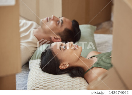 Couple, boxes and thinking on floor in new home, marriage and investment for real estate, care and support. Mortgage, people and sign together in house, apartment or property for family future Couple, boxes and thinking on floor in new home, marriage and investment for real estate, care and support. Mortgage, people and sign together in house, apartment or property for family future 142674062