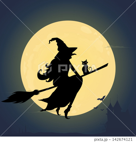 Silhouette of a witch flying over a moon 142674121