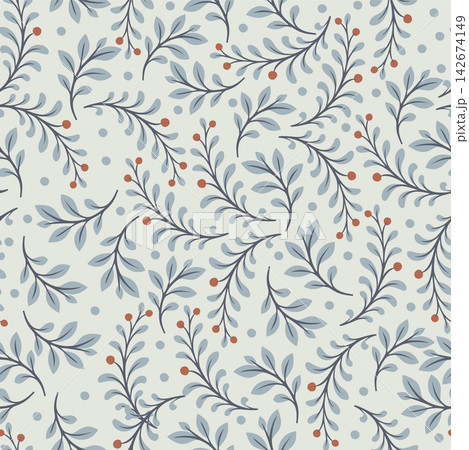 Cozy Christmas seamless pattern with winter branches and berries, folk art botanical background, scandinavian holiday textile vector illustration 142674149