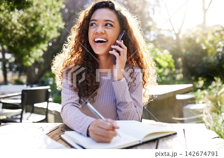 University, book or phone call by woman in park for writing, study or homework, research or gossip. Education, learning or gen z student for notebook, planning or exam advice by contact communication 142674791