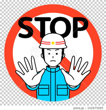 A male paramedic says "STOP" while holding up a prohibition sign and both hands. A male paramedic says "STOP" while holding up a prohibition sign and both hands. 142675085