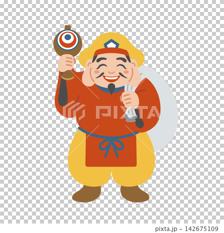 一幅可愛的插圖,描繪的是大黑天(七福神之一),他是掌管生意興隆的神明。 一幅可愛的插圖,描繪的是大黑天(七福神之一),他是掌管生意興隆的神明。 142675109