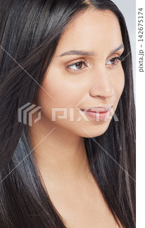 Woman, face and straight hair or beauty in studio with luxury cosmetics and makeup. Model, head and girl with healthy texture from treatment for natural hairstyle or dermatology for glow on skin Woman, face and straight hair or beauty in studio with luxury cosmetics and makeup. Model, head and girl with healthy texture from treatment for natural hairstyle or dermatology for glow on skin 142675174