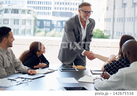 Business people, handshake and teamwork in boardroom, deal and thank you for onboarding in office. Employees, meeting and congratulations for hire or promotion, introduction and agreement on offer Business people, handshake and teamwork in boardroom, deal and thank you for onboarding in office. Employees, meeting and congratulations for hire or promotion, introduction and agreement on offer 142675538