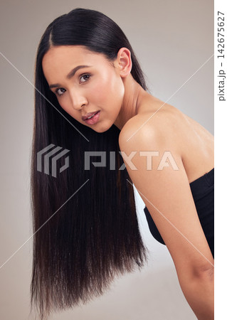 Portrait, hair care and woman with wellness, shine and cosmetics on studio background. Face, person and model with glow, aesthetic and healthy scalp with shampoo, growth and dermatology with texture Portrait, hair care and woman with wellness, shine and cosmetics on studio background. Face, person and model with glow, aesthetic and healthy scalp with shampoo, growth and dermatology with texture 142675627