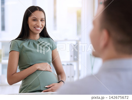 Businesswoman, smile and pregnant in office with happiness for employee with love or pride. Stomach, mother and happy with ready or excited for maternity leave with abdomen or baby bump in Sweden. Businesswoman, smile and pregnant in office with happiness for employee with love or pride. Stomach, mother and happy with ready or excited for maternity leave with abdomen or baby bump in Sweden. 142675672