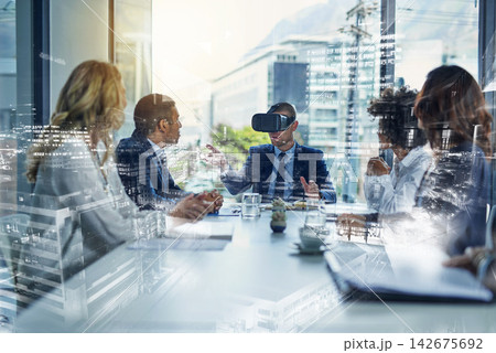 Business, meeting and people in double exposure with vr, city or proposal of future technology in office. Corporate, investment or team with high tech virtual reality software and cyber innovation 142675692