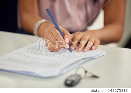 Contract, signature and customer with deal for car and sale at dealership with insurance agreement. Vehicle, key and hands of person to sign legal finance paperwork for loan offer and commitment Contract, signature and customer with deal for car and sale at dealership with insurance agreement. Vehicle, key and hands of person to sign legal finance paperwork for loan offer and commitment 142675818