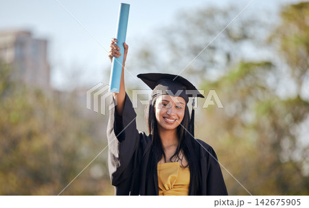 Graduation, happy and portrait of woman with scroll on university campus for education achievement. Smile, future and female student graduate with college diploma, degree or certificate to celebrate. Graduation, happy and portrait of woman with scroll on university campus for education achievement. Smile, future and female student graduate with college diploma, degree or certificate to celebrate. 142675905