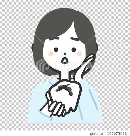 An illustration of a woman's upper body facing forward, with a troubled expression, holding a model of a decayed molar. An illustration of a woman's upper body facing forward, with a troubled expression, holding a model of a decayed molar. 142675958