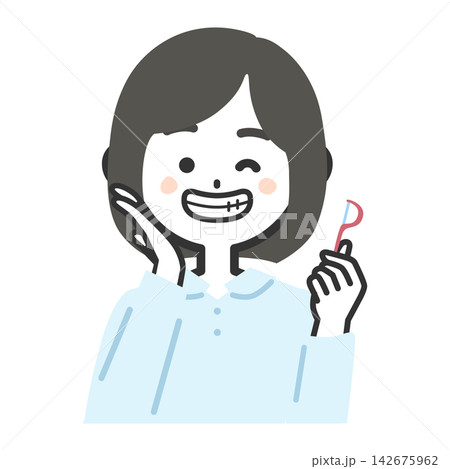 正面を向いた歯間ブラシを持って笑う女性上半身イラスト 正面を向いた歯間ブラシを持って笑う女性上半身イラスト 142675962