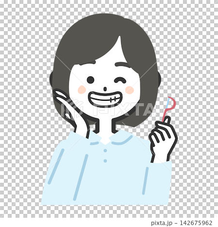 正面を向いた歯間ブラシを持って笑う女性上半身イラスト 正面を向いた歯間ブラシを持って笑う女性上半身イラスト 142675962