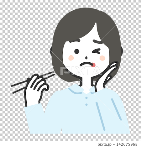 An illustration of the upper body of a woman facing forward, holding chopsticks, making a pained expression, and showing discomfort next to her mouth. An illustration of the upper body of a woman facing forward, holding chopsticks, making a pained expression, and showing discomfort next to her mouth. 142675968