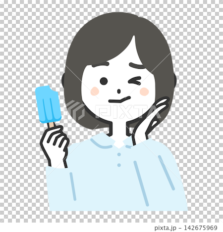 An illustration of a woman's upper body, whose teeth are sensitive after eating ice cream while facing forward. An illustration of a woman's upper body, whose teeth are sensitive after eating ice cream while facing forward. 142675969