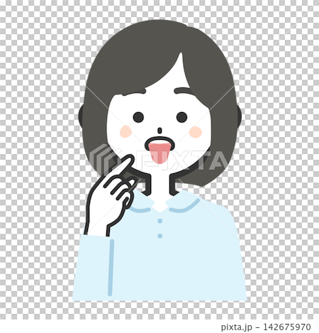 插圖描繪了一位女性的上半身向前,舌頭伸出來。 插圖描繪了一位女性的上半身向前,舌頭伸出來。 142675970