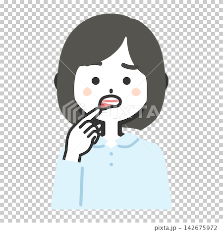一幅女性上半身正面朝向觀眾的插圖,她的嘴唇向上翹起,露出下側的異常部位。 一幅女性上半身正面朝向觀眾的插圖,她的嘴唇向上翹起,露出下側的異常部位。 142675972