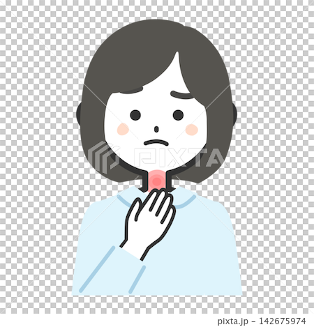 An illustration of a woman's upper body facing forward, showing she has a sore throat. An illustration of a woman's upper body facing forward, showing she has a sore throat. 142675974