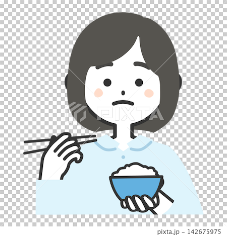 An illustration of the upper body of a woman with a troubled expression, facing forward and holding a bowl of rice and chopsticks. An illustration of the upper body of a woman with a troubled expression, facing forward and holding a bowl of rice and chopsticks. 142675975
