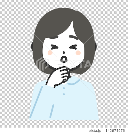 一幅女性上半身向前咳嗽的插圖。 一幅女性上半身向前咳嗽的插圖。 142675976
