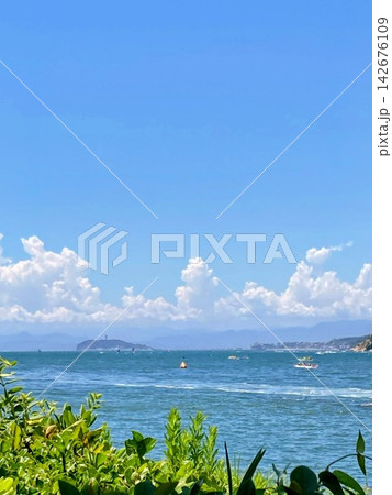 秋の逗子海岸から望む青い海と江の島・早朝の風景 142676109