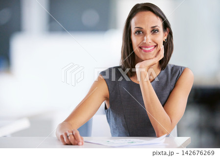 Woman, desk and portrait in office with document, planning and smile for creative employee. Hand, manager and administration for interior designer, professional or lookbook for project paperwork Woman, desk and portrait in office with document, planning and smile for creative employee. Hand, manager and administration for interior designer, professional or lookbook for project paperwork 142676269