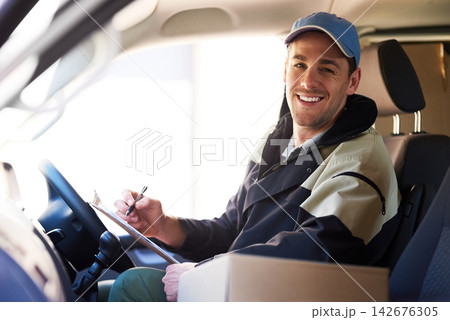 Delivery man, package and portrait in transport for courier, distribution and order with e commerce checklist. Happy driver or worker with clipboard, boxes and truck or van for logistics service Delivery man, package and portrait in transport for courier, distribution and order with e commerce checklist. Happy driver or worker with clipboard, boxes and truck or van for logistics service 142676305