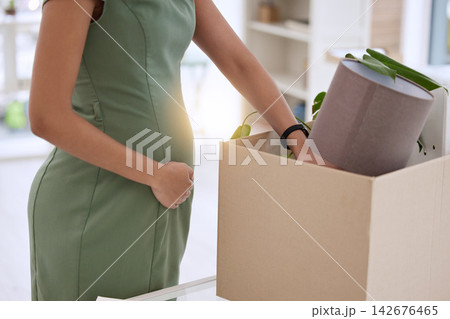 Maternity leave, woman and box in office for moving, resting and holding belly for relief. Packing up, pregnant and businesswoman in workplace for last day, time off or resignation from company Maternity leave, woman and box in office for moving, resting and holding belly for relief. Packing up, pregnant and businesswoman in workplace for last day, time off or resignation from company 142676465