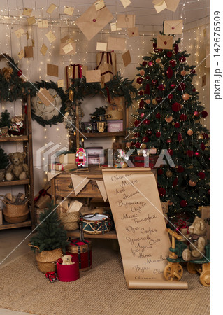 Festive Holiday Background with Letters to Santa and Traditional Decor Festive Holiday Background with Letters to Santa and Traditional Decor 142676509