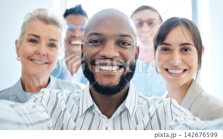 Portrait, happy team and selfie of business people in office for collaboration, about us or solidarity in startup. Group, face and picture of staff together, agent and manager of diverse friends Portrait, happy team and selfie of business people in office for collaboration, about us or solidarity in startup. Group, face and picture of staff together, agent and manager of diverse friends 142676599