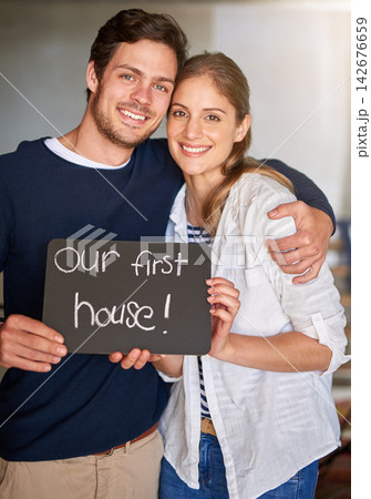 Happy couple, portrait and moving in new home with billboard, hug or embrace for love, bonding or apartment. Young man and woman with smile, sign or poster for property, investment or house together Happy couple, portrait and moving in new home with billboard, hug or embrace for love, bonding or apartment. Young man and woman with smile, sign or poster for property, investment or house together 142676659