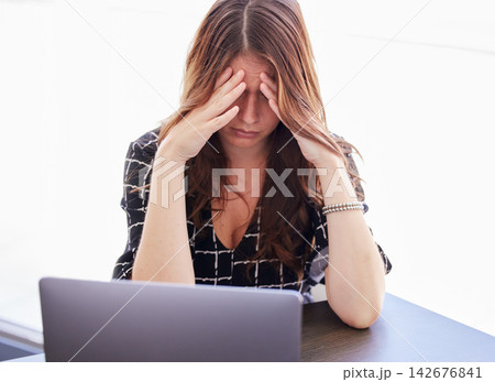 Business woman, stress and management with fatigue or burnout, hands and deadline in office. Anxiety, pressure and headache for employee paperwork or depressed, task and review for frustrated worker 142676841
