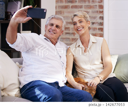 Mature couple, phone and selfie on couch for social media update, profile picture and memory together. Mobile, senior man and woman on sofa for online digital gallery and video call or photograph Mature couple, phone and selfie on couch for social media update, profile picture and memory together. Mobile, senior man and woman on sofa for online digital gallery and video call or photograph 142677053