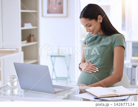 Businesswoman, laptop and pregnant in home office with happiness for maternity with remote work. Technology, worker and smile with web designer or writer with computer for online blog in Canada. 142677114