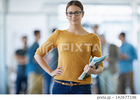 Business, woman and portrait in workplace with paperwork for creative internship, onboarding and notes for recruitment. Designer, employee and smile with notebook, documents and confident for startup 142677196