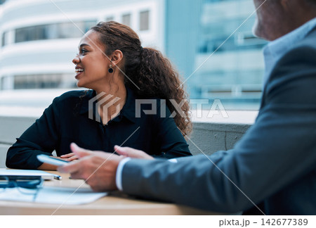 Smile, business and woman in meeting outdoor, balcony and discussion for planning, research and ideas for project development. Happy, employee and staff on rooftop, terrace and brainstorming for work 142677389