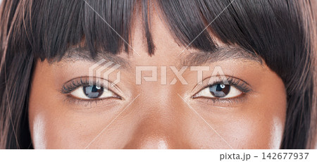 Eyes, woman and beauty portrait with eyebrow microblading, epilation and skincare in studio. Wellness, cosmetics and vision care with relax treatment for eyelash extension and dermatology for glow 142677937