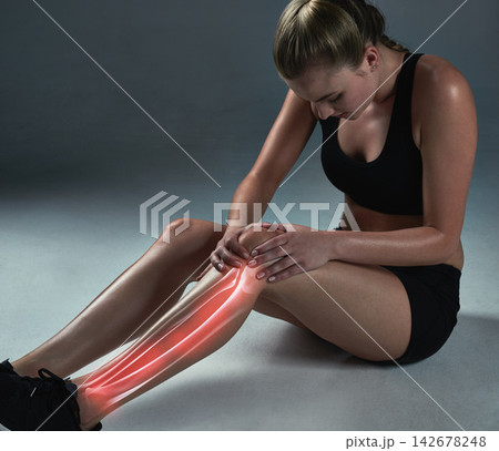 Studio, woman and legs with knee pain or injury with inflammation from exercise and workout. Female person, muscle ache and hurt from fitness, self care and wellness with wellbeing for health 142678248