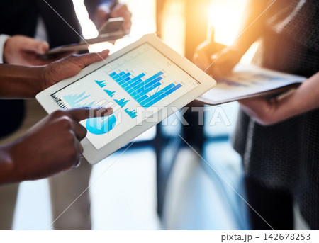 Tablet, screen and hands of business people with metrics, charts and graphs for productivity meeting. Data analysis, men and women with digital app for performance statistics, development or planning Tablet, screen and hands of business people with metrics, charts and graphs for productivity meeting. Data analysis, men and women with digital app for performance statistics, development or planning 142678253